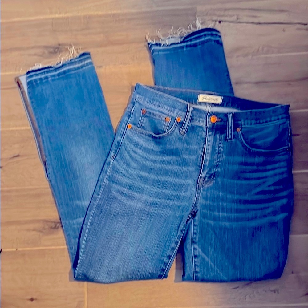 Madewell Blue Boot Cut Jeans with Distressed Hem